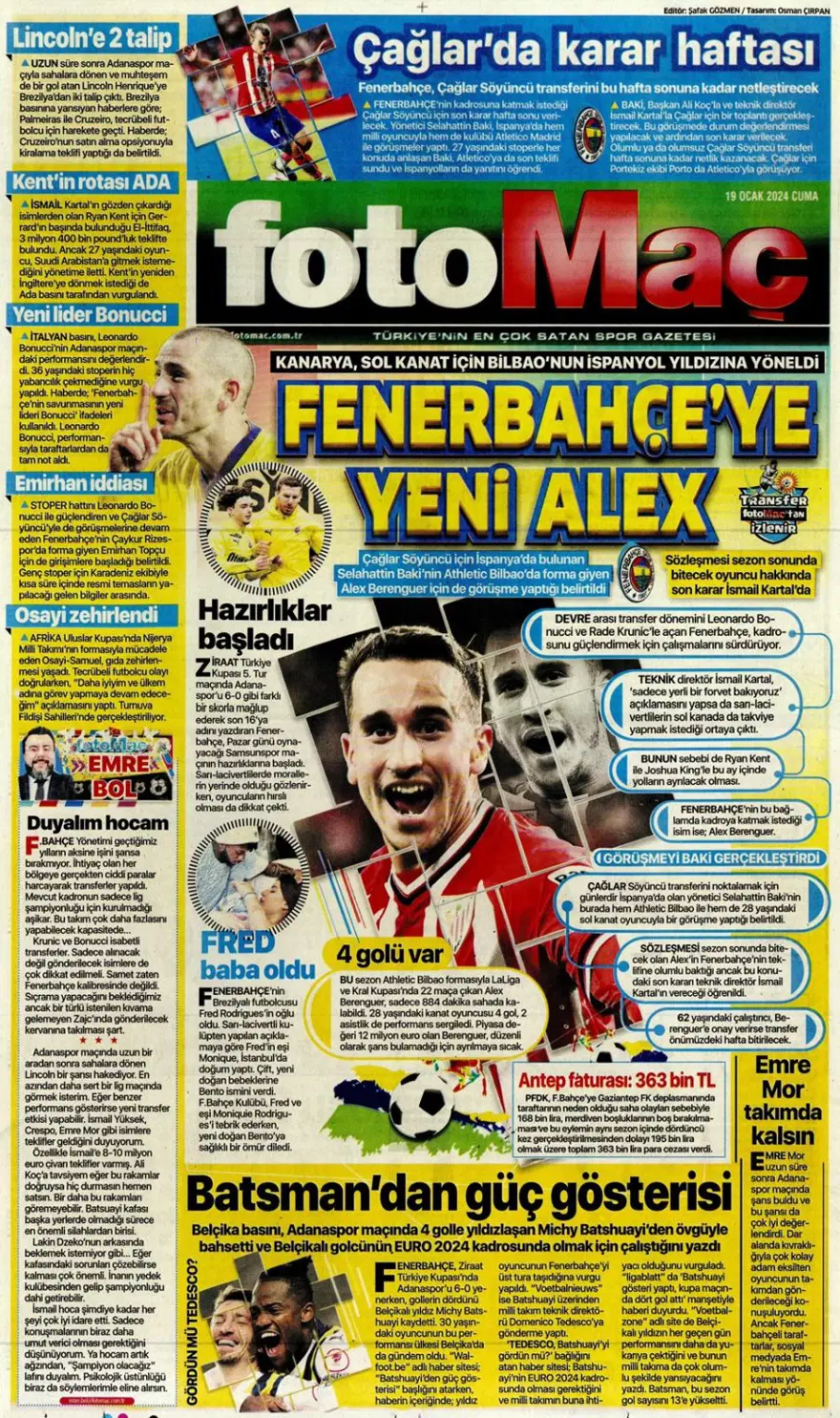 "Fenerbahçe'ye yeni Alex" (19 Ocak 2024 spor manşetleri) 14 "Fenerbahçe'ye yeni Alex" (19 Ocak 2024 spor manşetleri) 14