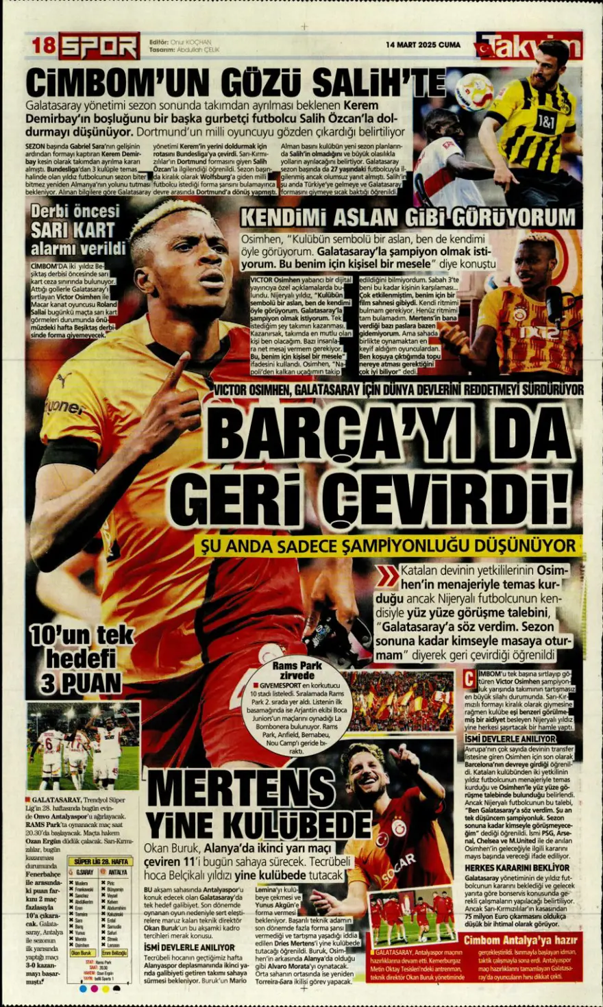 "Yazık oldu" (14 Mart 2025 spor manşetleri) 12