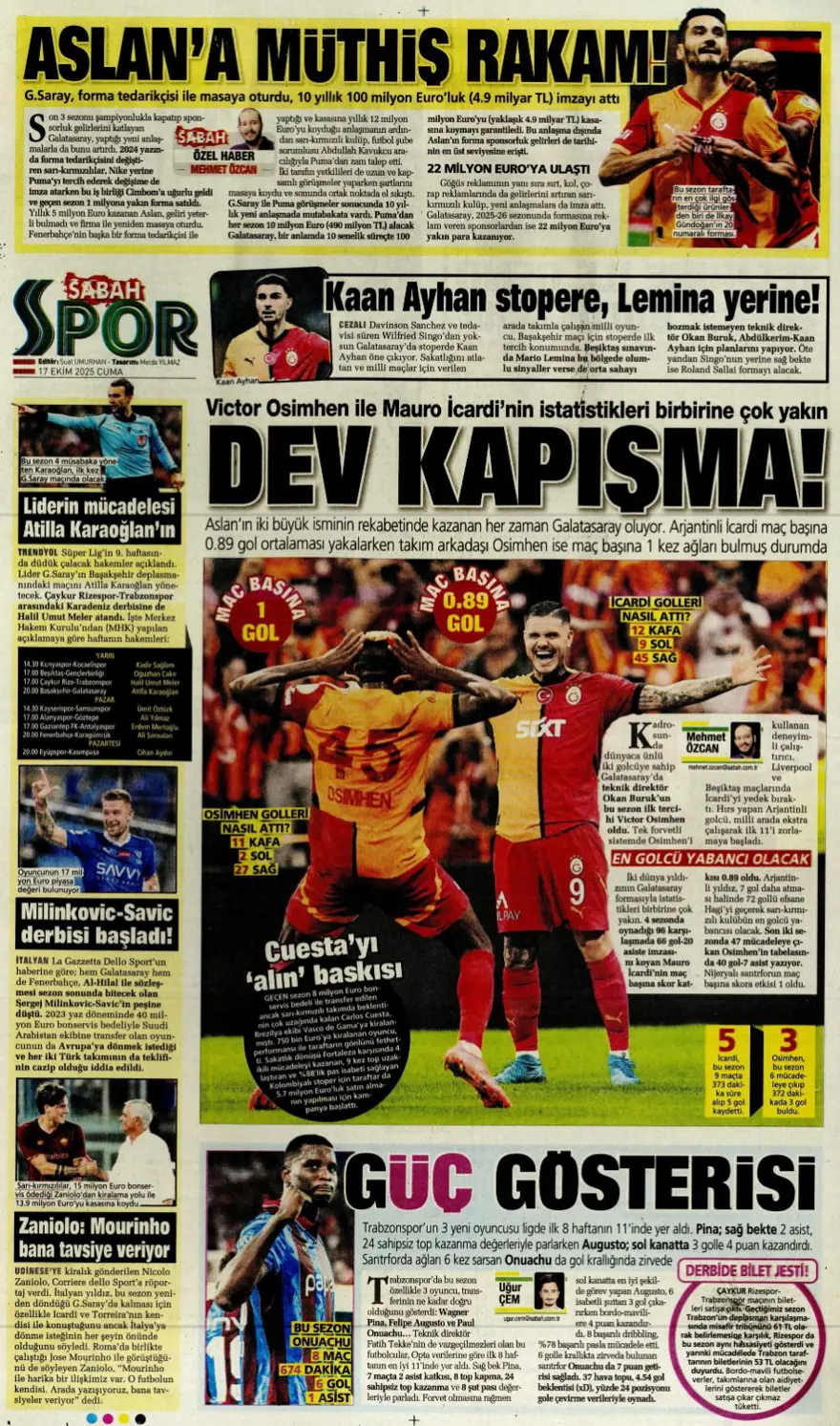 "Savic derbisi" (17 Ekim 2025 spor manşetleri) 13