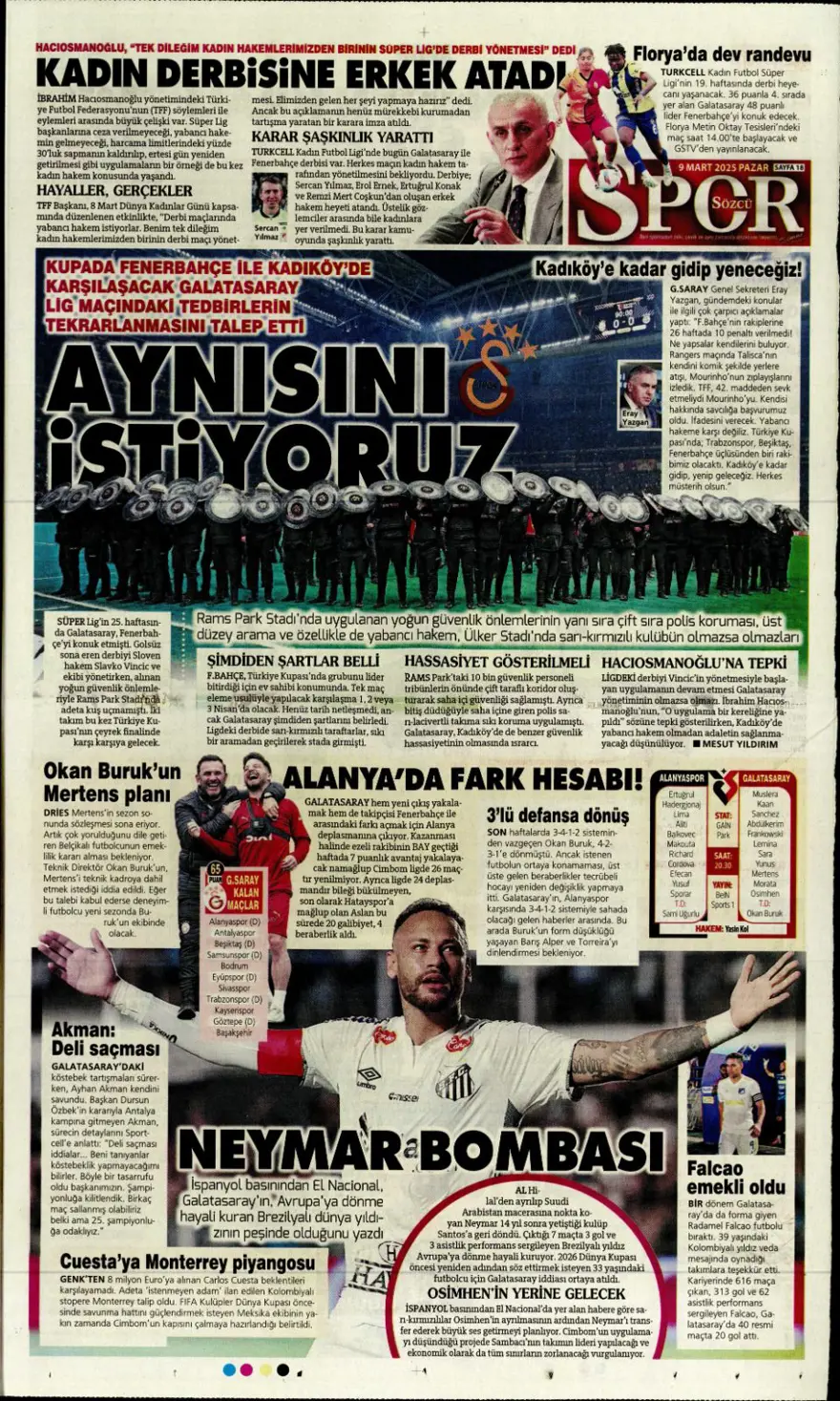 "1 numaralı büyük plan" (9 Mart 2025 spor manşetleri) 10