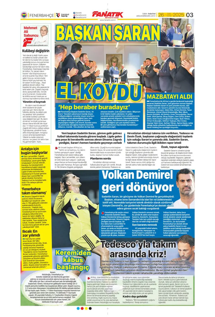 "Tedesco görüşme odasına" (26 Eylül 2025 spor manşetleri) 8 "Tedesco görüşme odasına" (26 Eylül 2025 spor manşetleri) 8