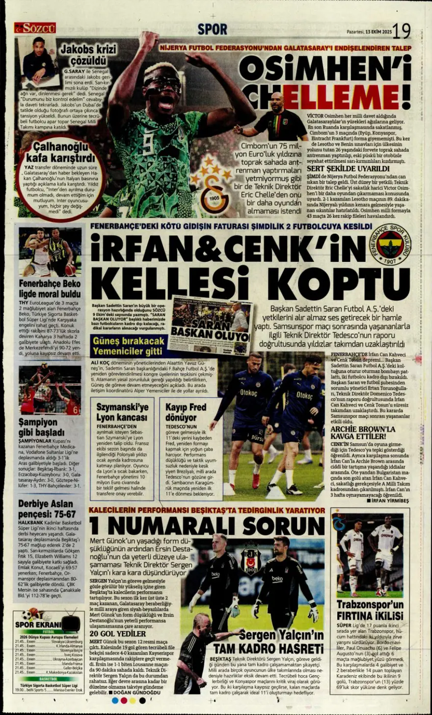 "Bayern'in dinamosu Fener'e..." (13 Ekim 2025 spor manşetleri) 17