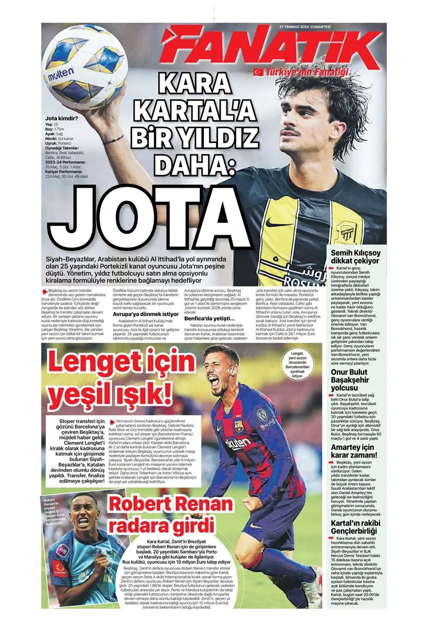 "Kartal'ın yükü 683 milyon TL" (27 Temmuz 2024 spor manşetleri) 20 "Kartal'ın yükü 683 milyon TL" (27 Temmuz 2024 spor manşetleri) 20