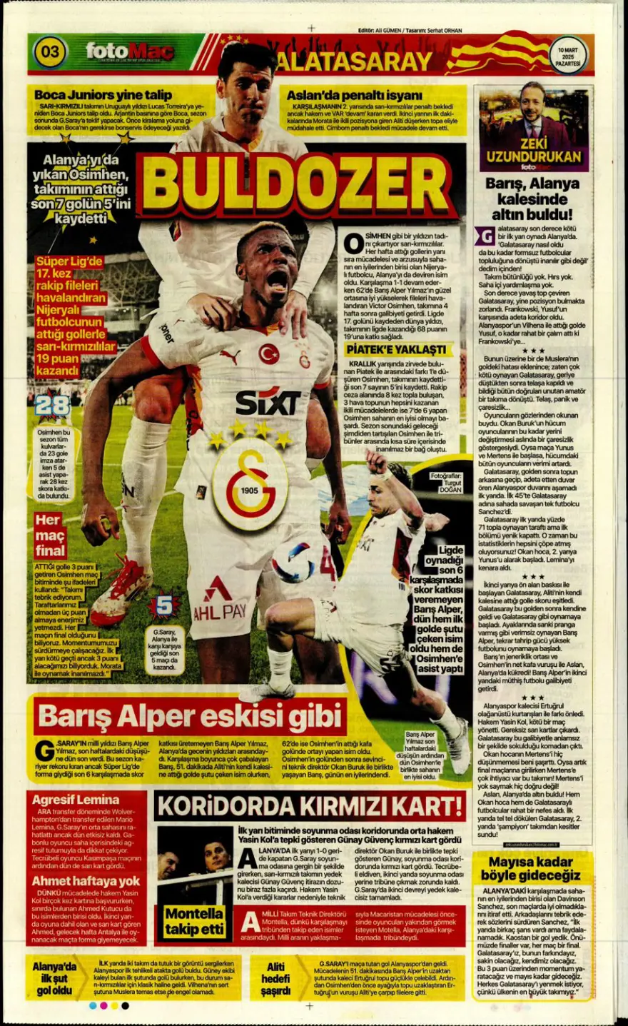 "Aslan kral kükredi" (10 Mart 2025 spor manşetleri) 3