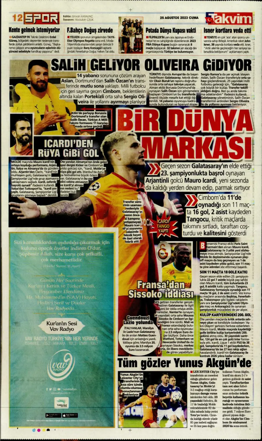 "Aslan'da son aday Salih Özcan" (25 Ağustos 2023 spor manşetleri) 11