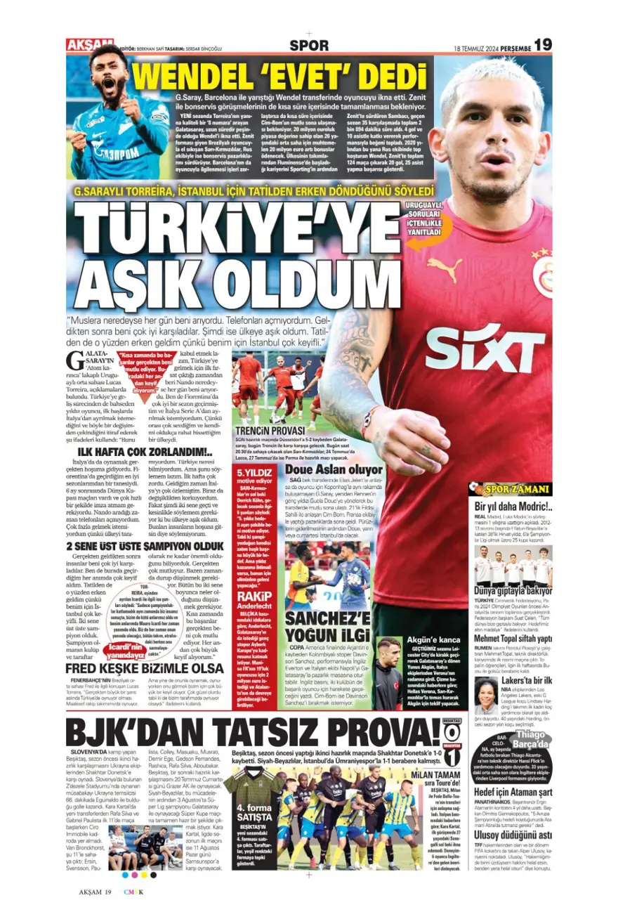 "Wendel'de yoğun mesai" (18 Temmuz 2024 spor manşetleri) 2