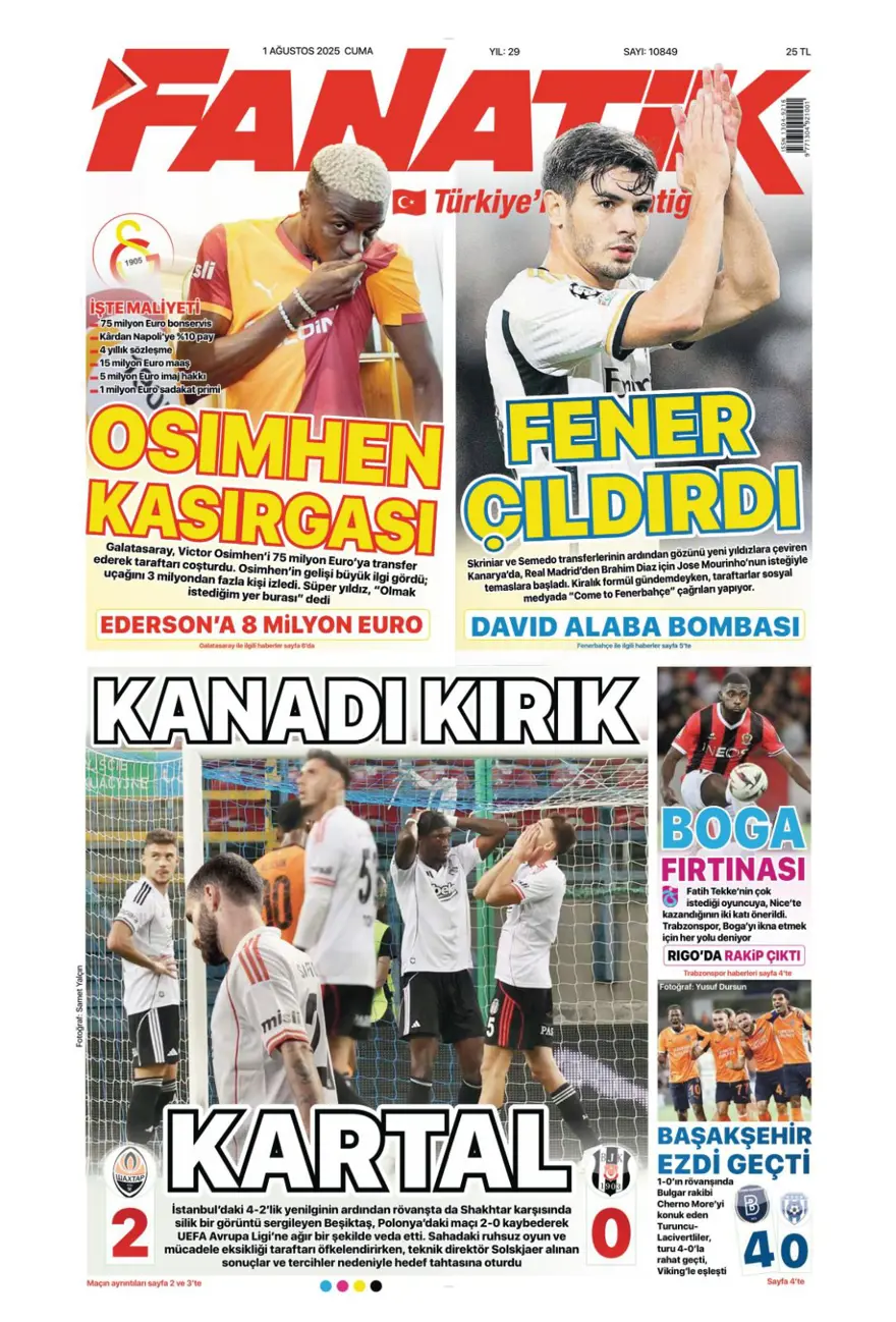 "Her yer karanlık" (1 Ağustos 2025 spor manşetleri) 