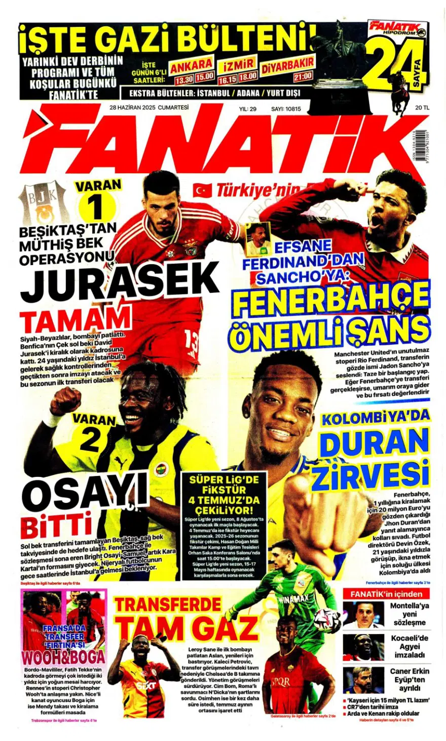"Kolombiya seferi" (28 Haziran 2025 spor manşetleri) 