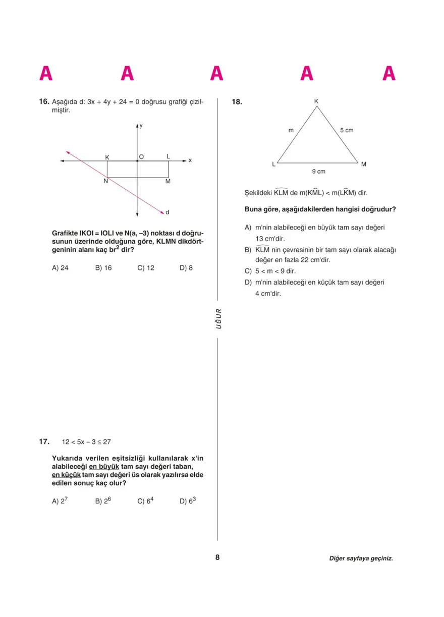 Uğur Okulları LGS deneme sınavı (Sayısal bölüm) 7