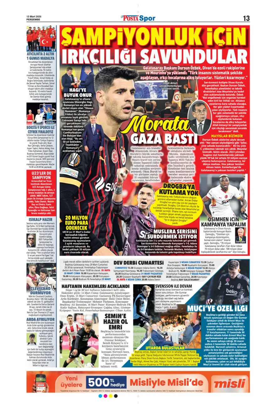 "Haydi Fener turla gel" (13 Mart 2025 spor manşetleri) 1