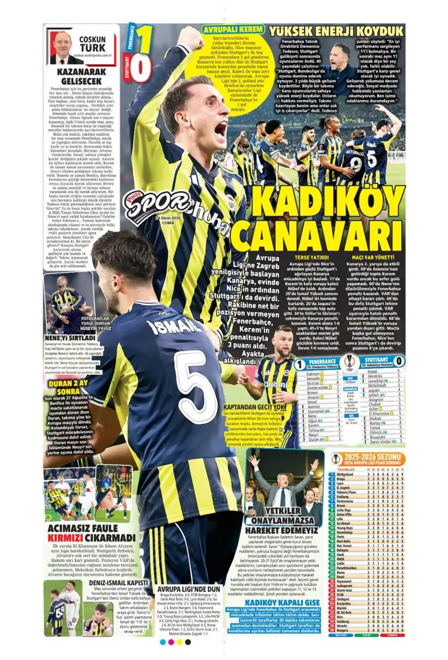 "Kadıköy canavarı" (24 Ekim 2025 spor manşetleri) 17