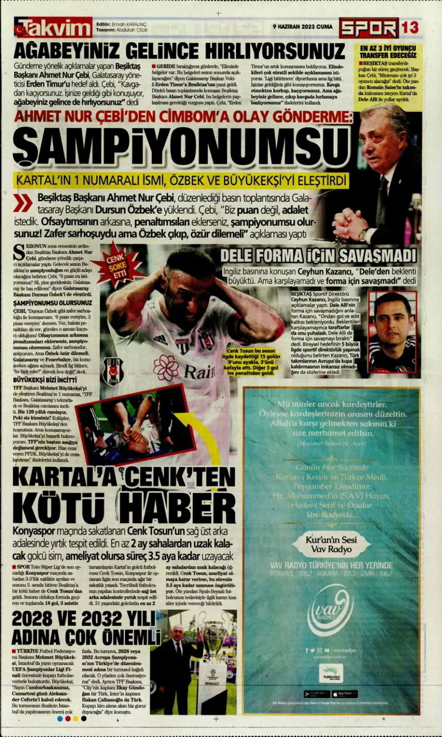 Günün spor manşetleri (9 Haziran 2023) 10