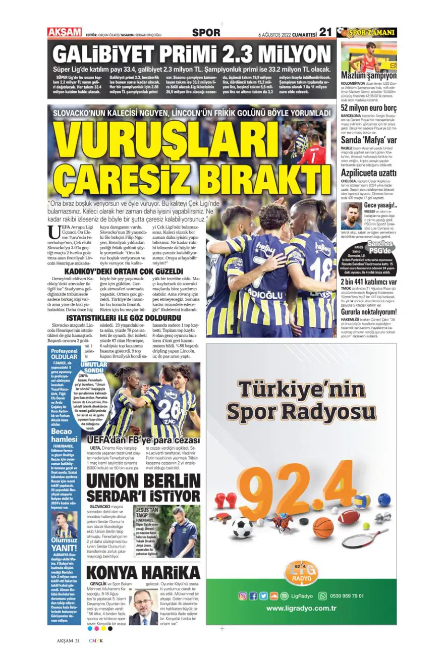 Günün spor manşetleri (6 Ağustos 2022) 1