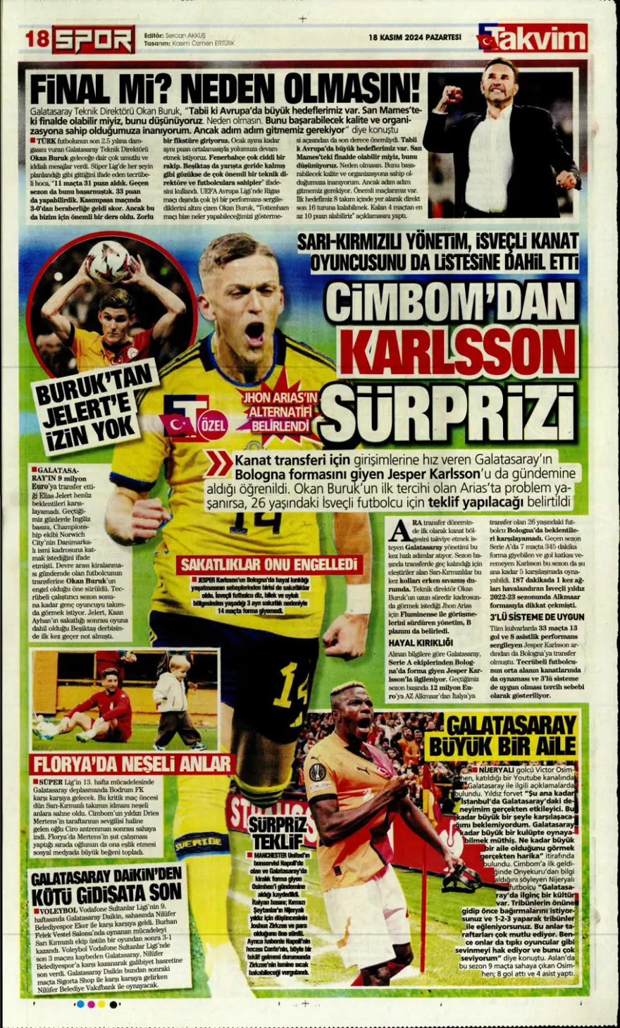 “Fenerbahçe’de dev takas” (18Kasım 2024 spor manşetleri) 33