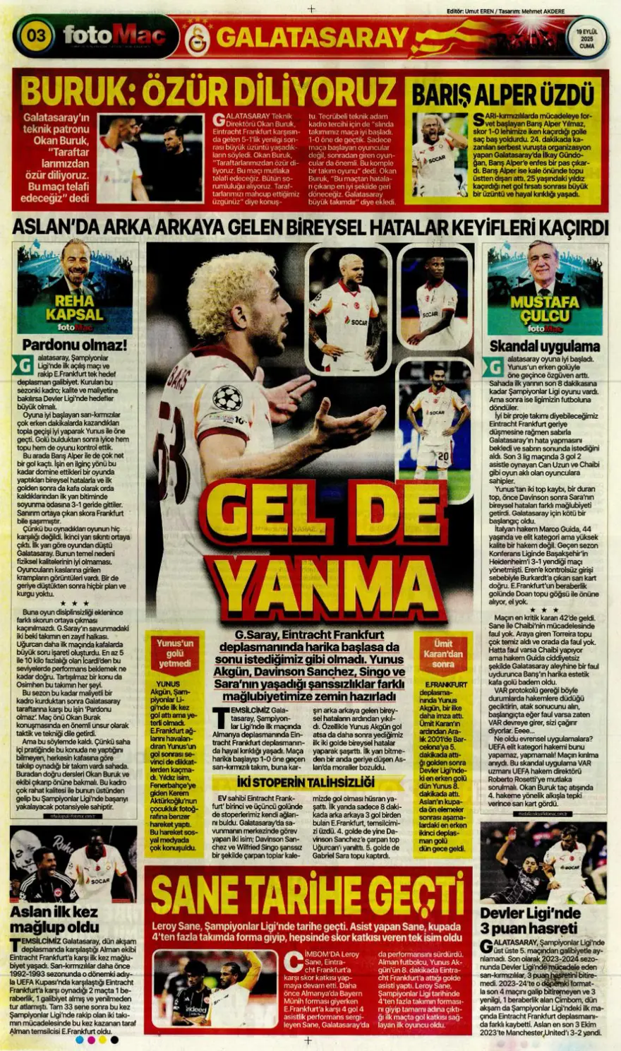 "Kabus gibi başlangıç" (19 Eylül spor manşetleri) 6