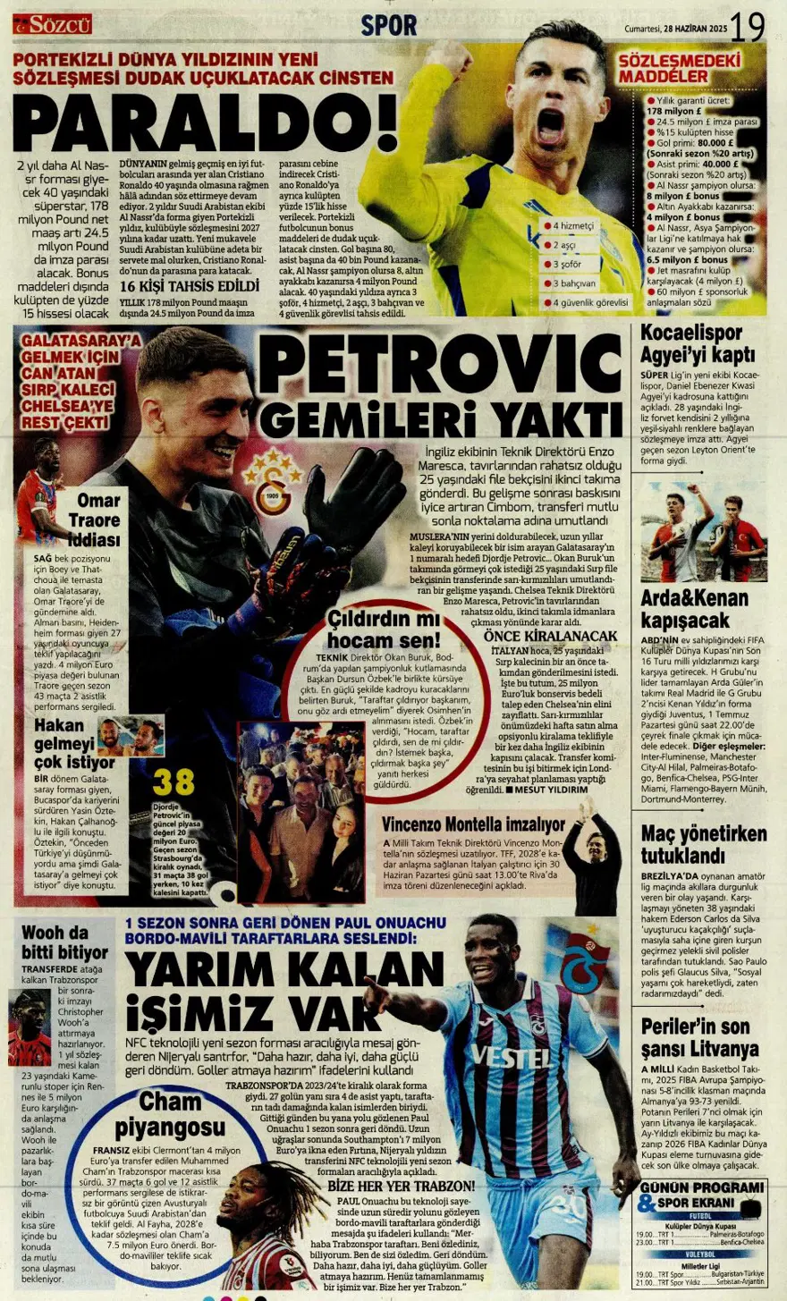 "Kolombiya seferi" (28 Haziran 2025 spor manşetleri) 14