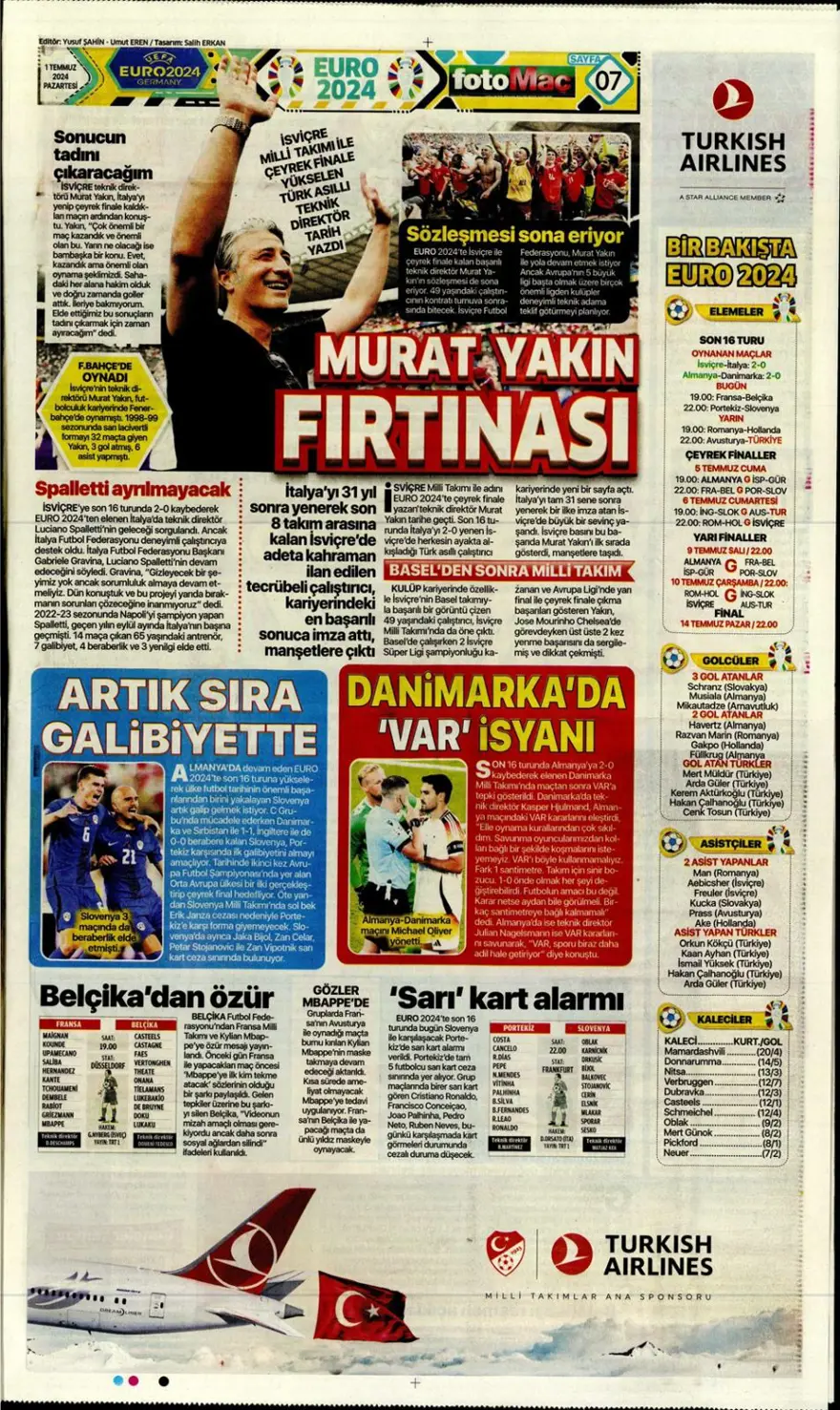 "Türkiye intikam için hevesli" (1 Temmuz 2024 spor manşetleri) 2