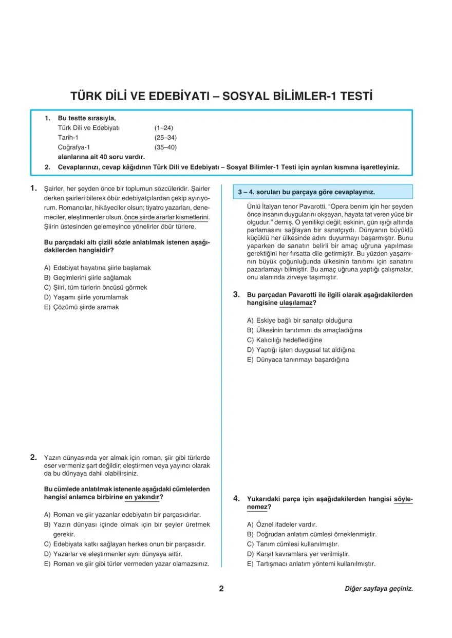 Uğur Okulları AYT -1 deneme sınavı 1