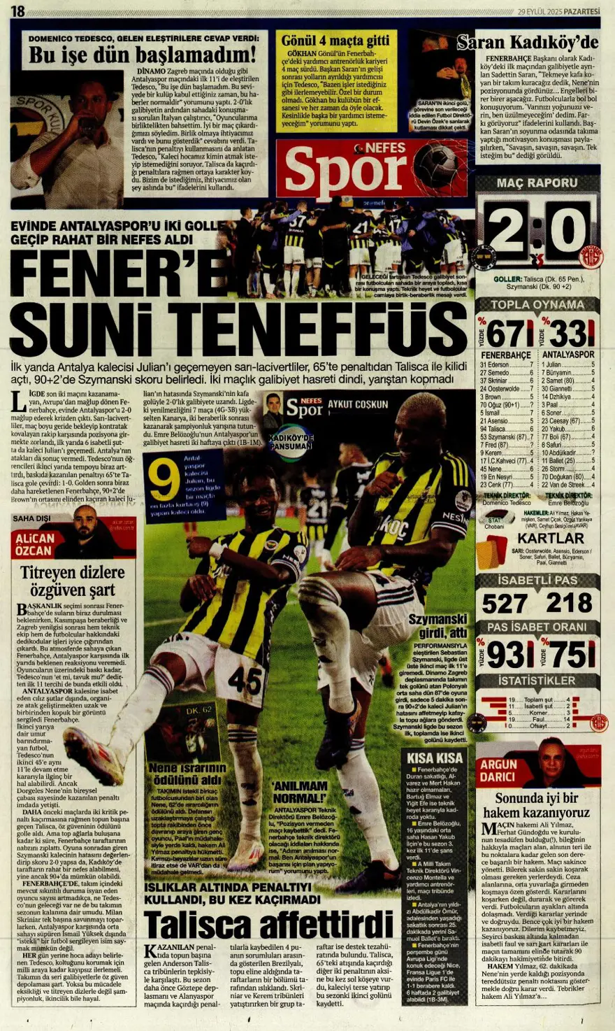 "Hayata dönüş" (29 Eylül 2025 spor manşetleri) 12