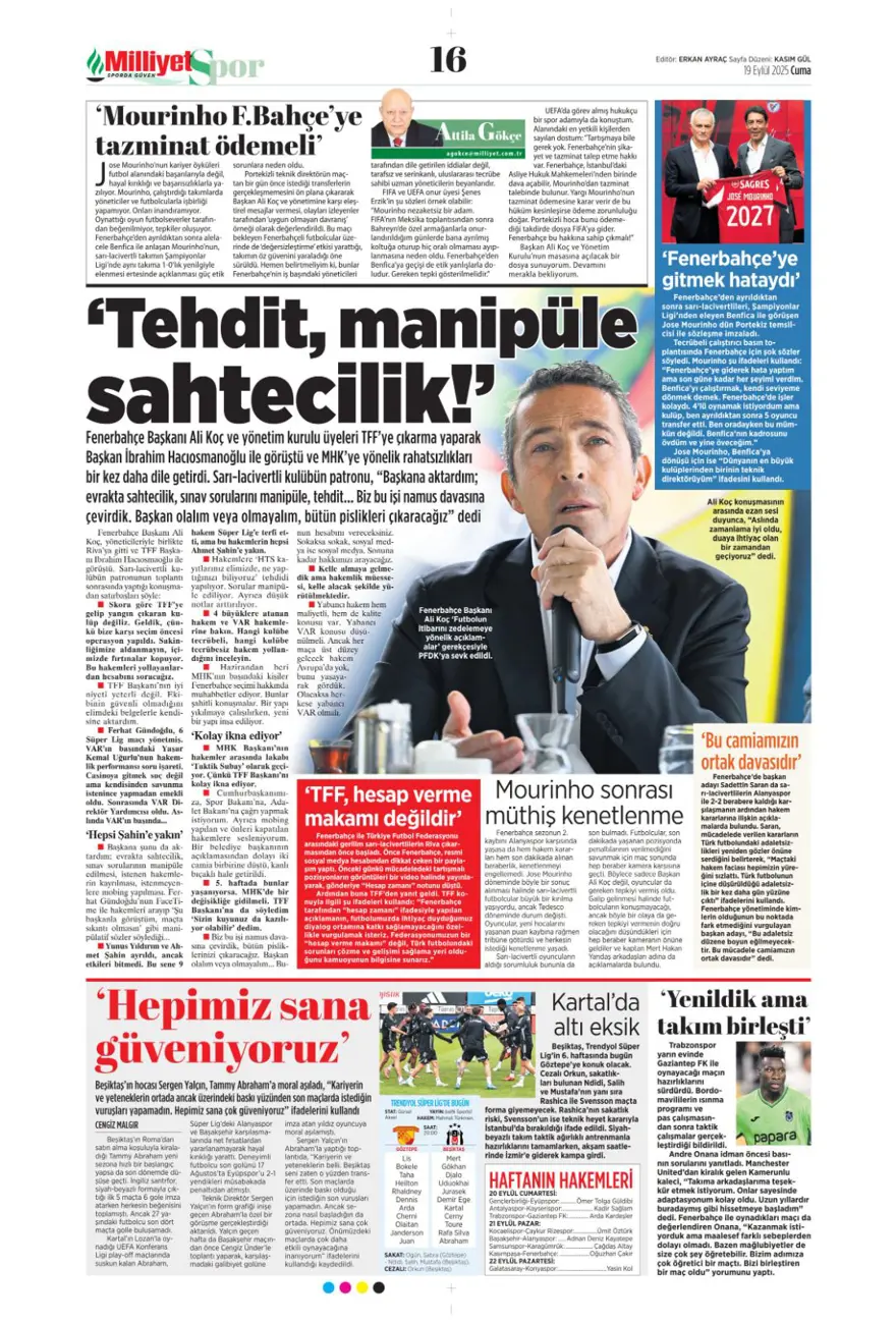 "Kabus gibi başlangıç" (19 Eylül spor manşetleri) 13