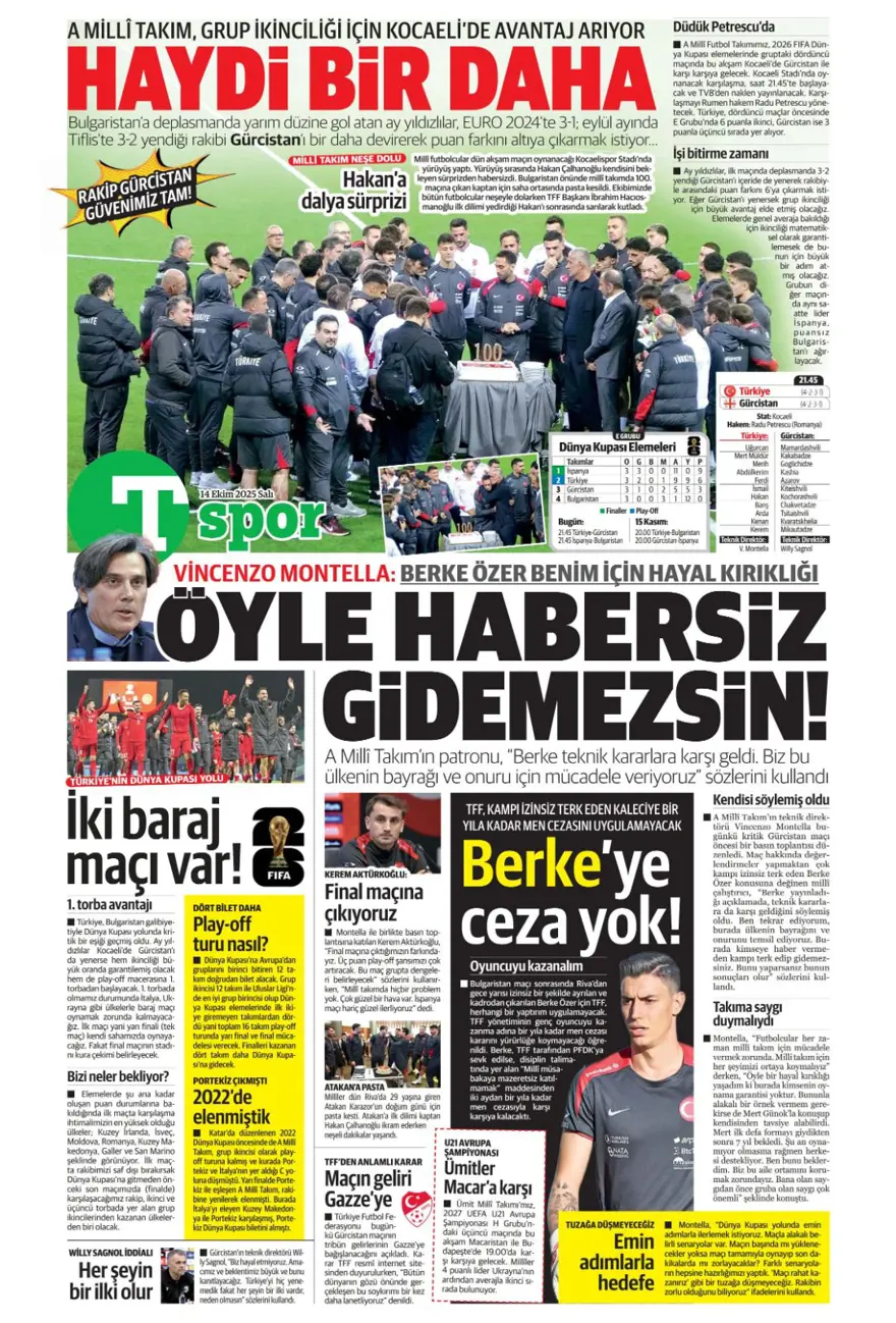 "Gürcistan'ı yen Play-off'u gör" (14 Ekim 2025 spor manşetleri) 26