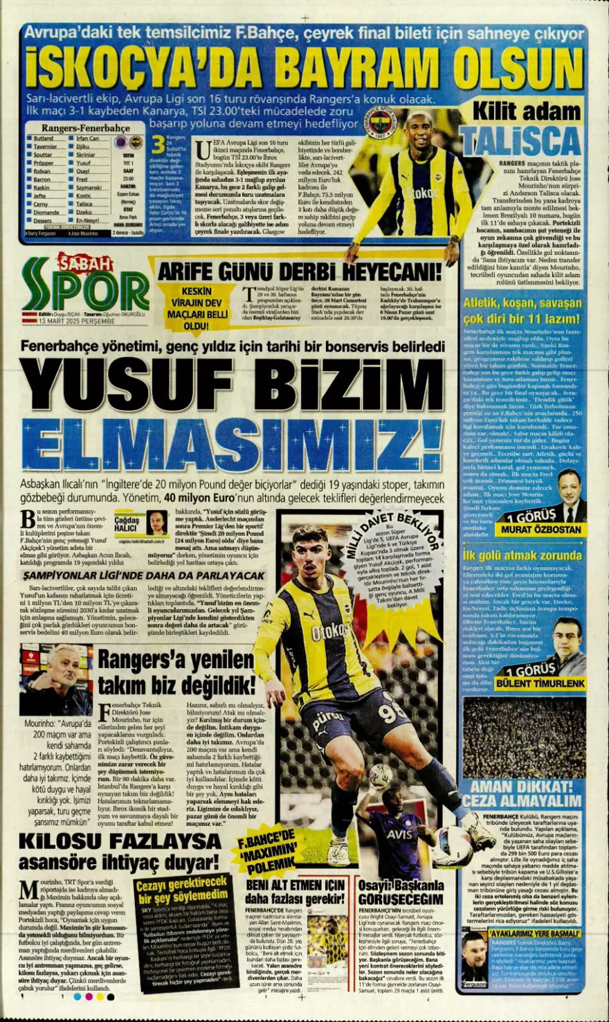 "Haydi Fener turla gel" (13 Mart 2025 spor manşetleri) 25