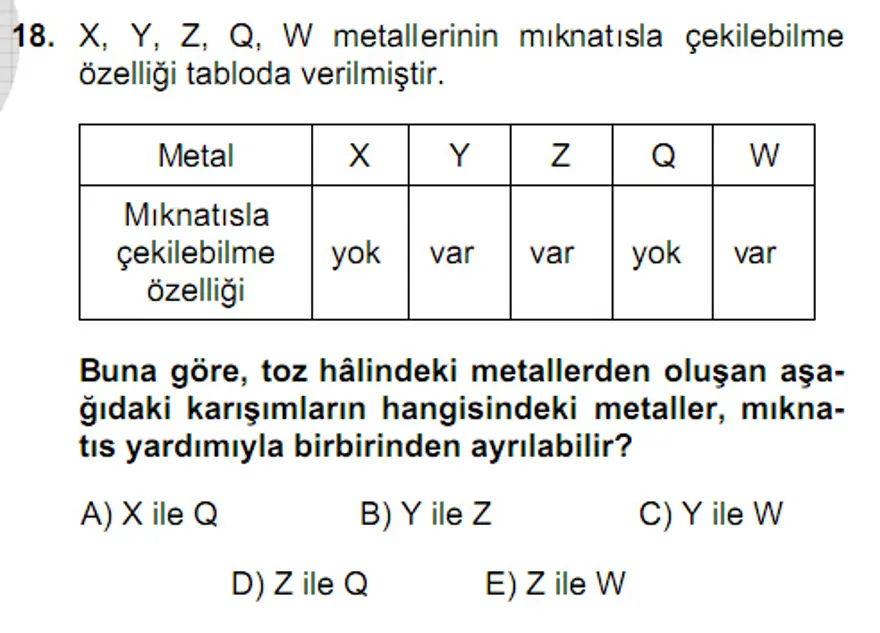 YGS Fen Bilimleri Soruları ve Yanıtları 17