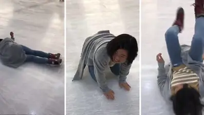 Japon kızın sosyal medyada viral olan başarısız buz pateni denemesi