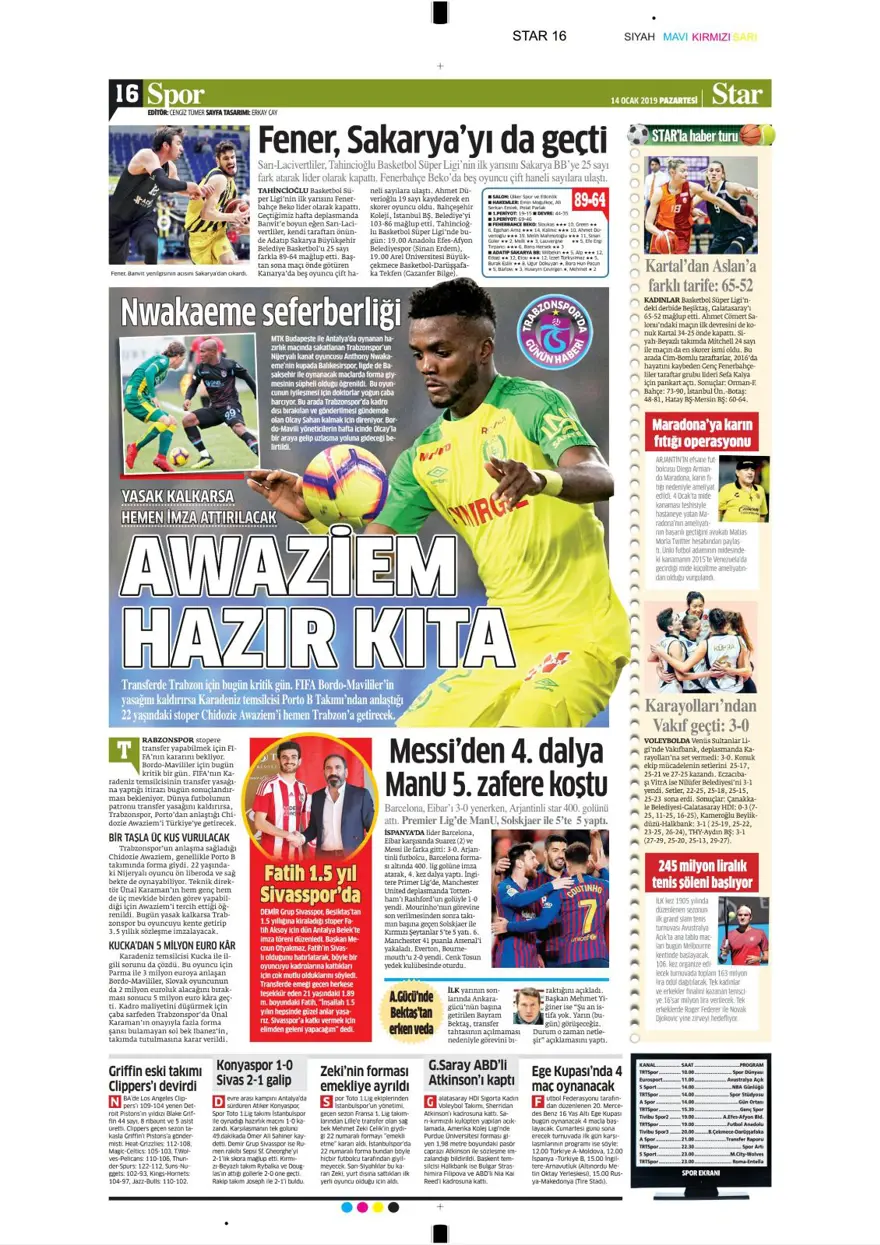 Günün spor manşetleri (14 Ocak 2019) 12