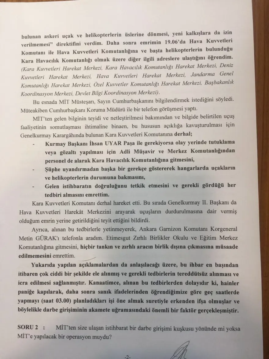 Hulusi Akar'ın darbe komisyonuna verdiği yanıtlar 1