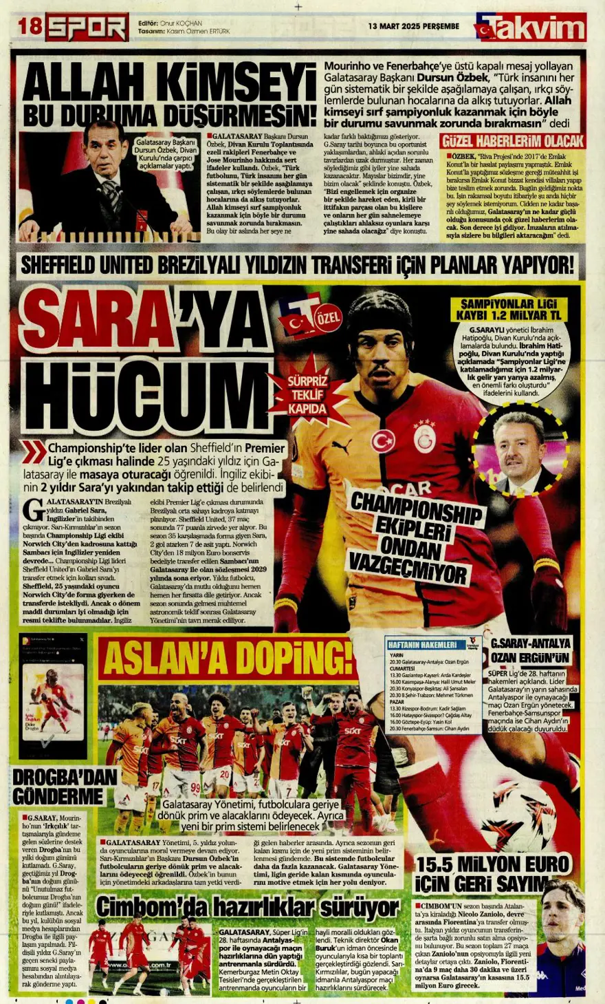 "Haydi Fener turla gel" (13 Mart 2025 spor manşetleri) 31