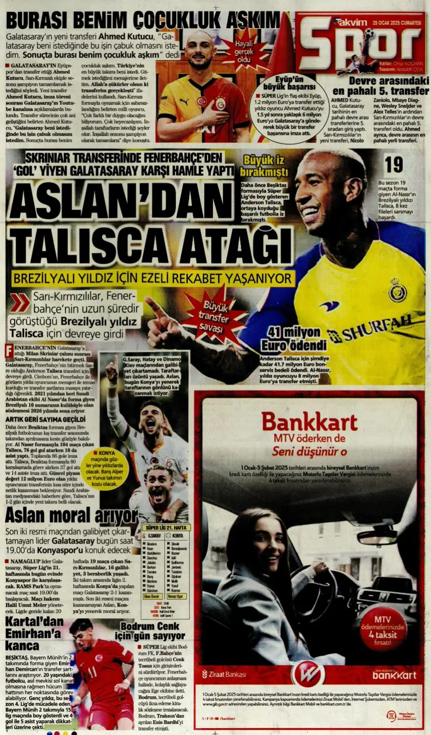 "Aslan'dan Talisca atağı" (25 Ocak 2025 spor manşetleri) 
