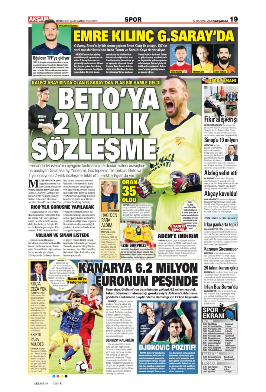 Günün spor manşetleri (24 Haziran 2020) 