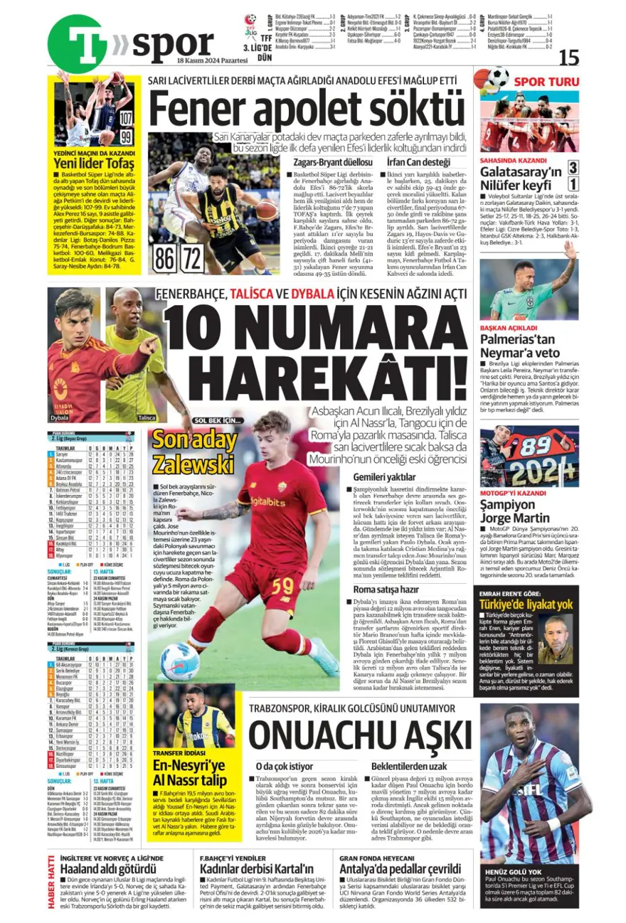 “Fenerbahçe’de dev takas” (18Kasım 2024 spor manşetleri) 37