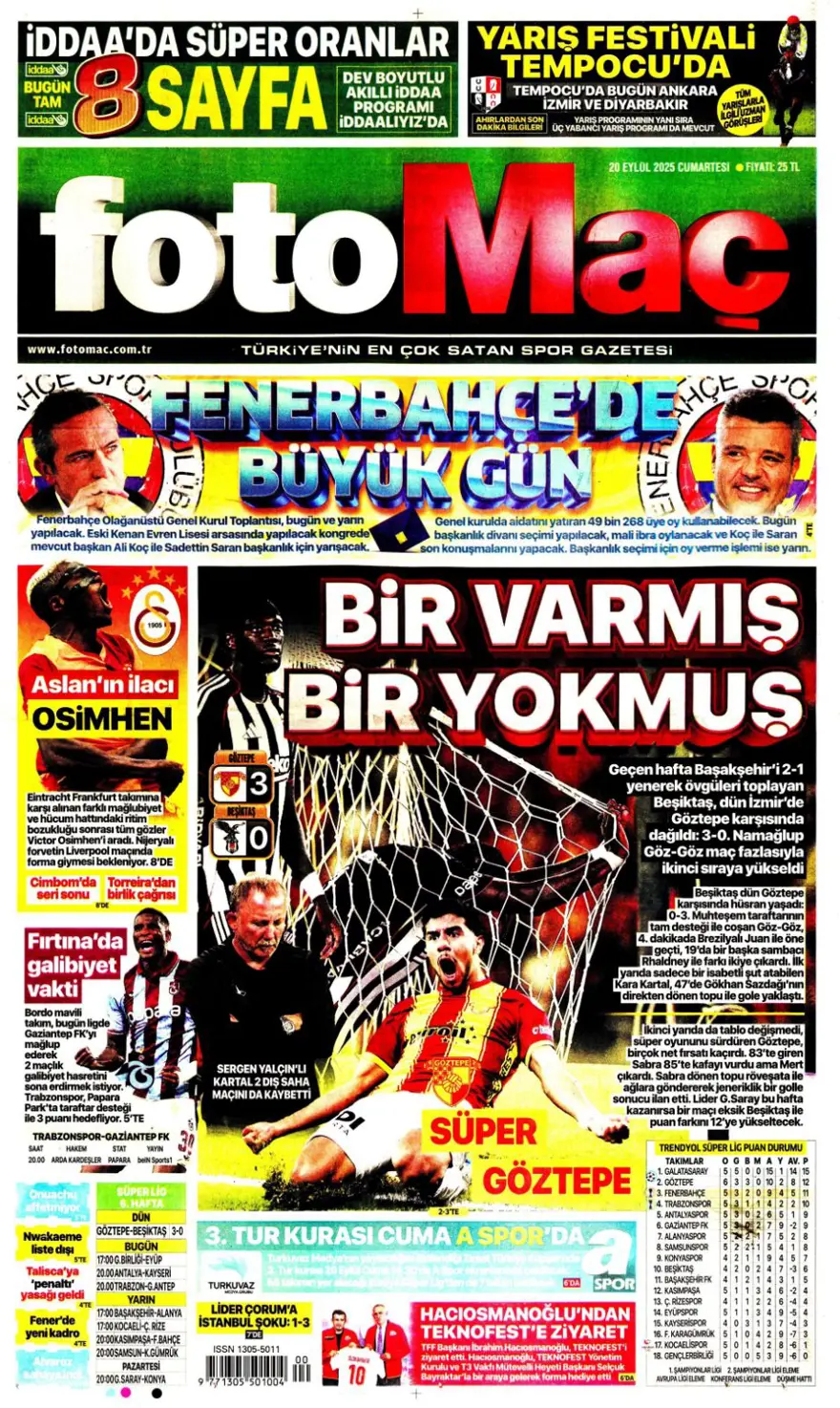 "Kartal yoğun bakımda" (20 Eylül spor manşetleri) 6