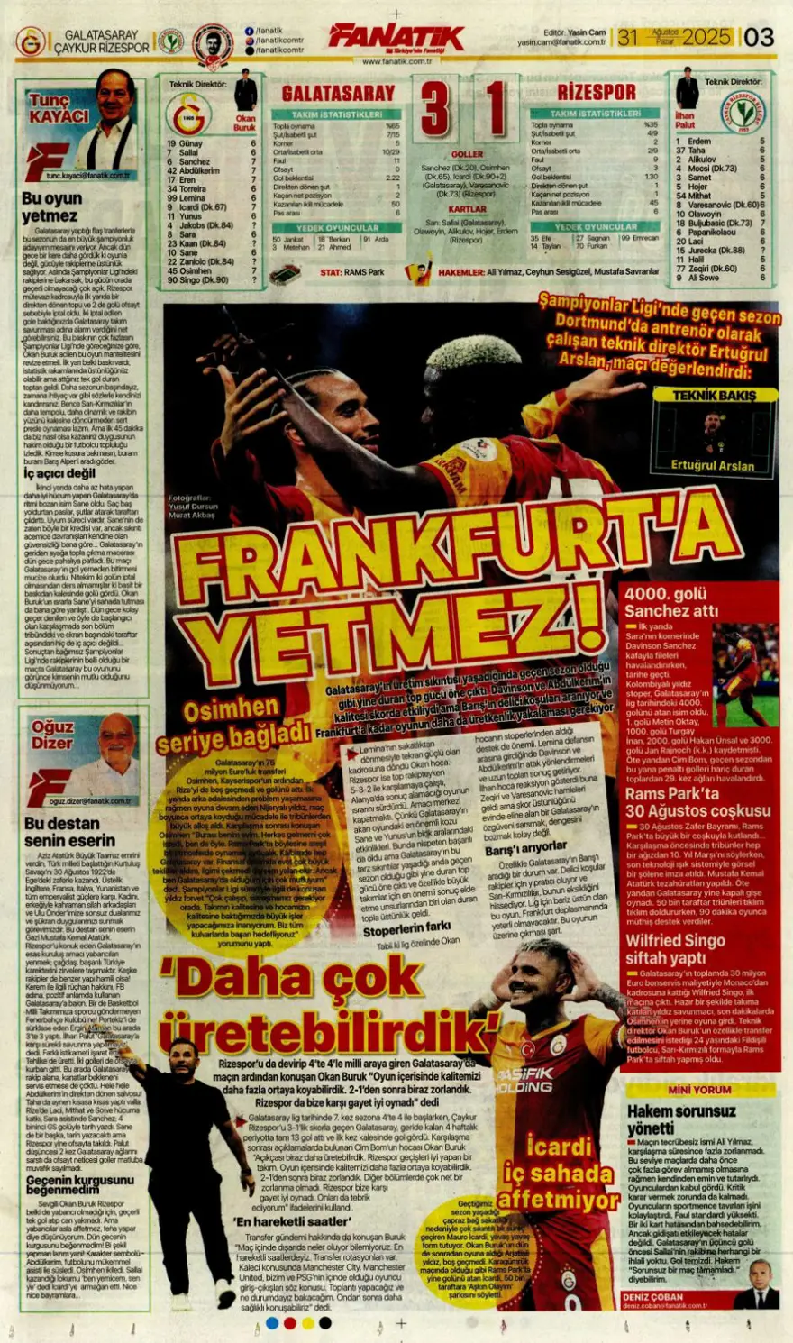 "Ya Kartal ya Schmidt" (31 Ağustos spor manşetleri) 2