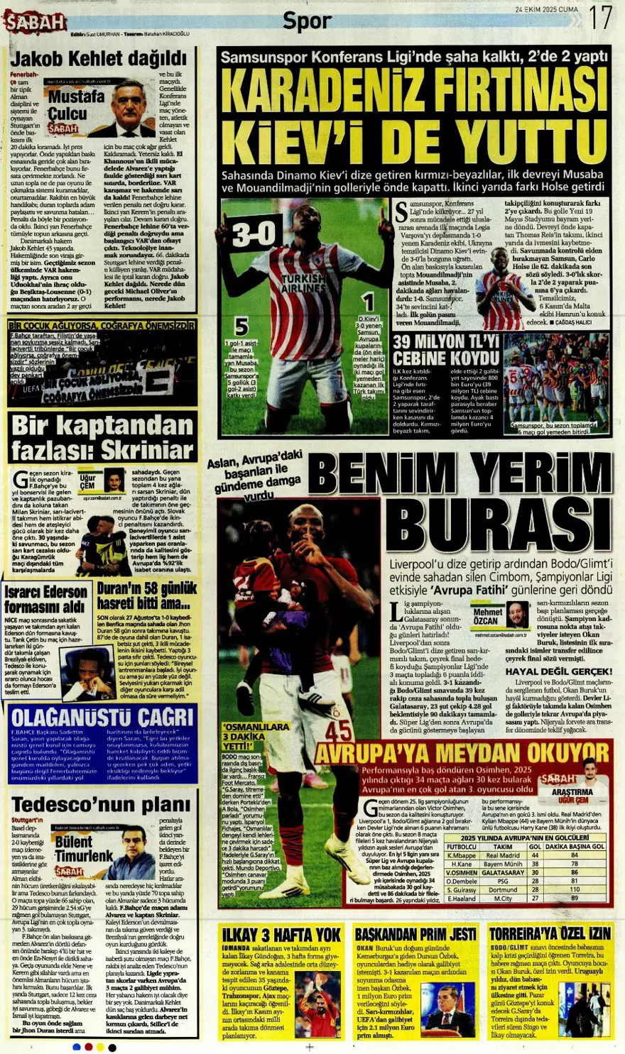 "Kadıköy canavarı" (24 Ekim 2025 spor manşetleri) 20