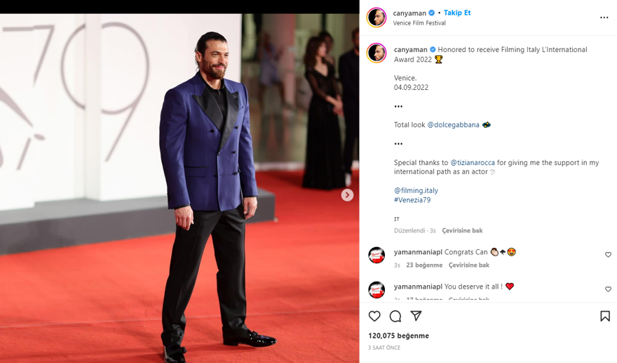 Can Yaman 79. Venedik Film Festivali'nden ödül aldı 3