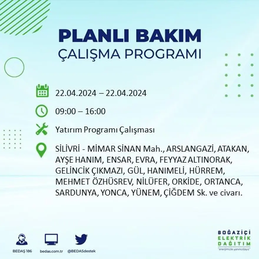 22 Nisan tarihli BEDAŞ kesinti programı: İstanbul'un 18 ilçesinde elektrik kesintisi: Elektrikler ne zaman gelecek? 63 22 Nisan tarihli BEDAŞ kesinti programı: İstanbul'un 18 ilçesinde elektrik kesintisi: Elektrikler ne zaman gelecek? 63