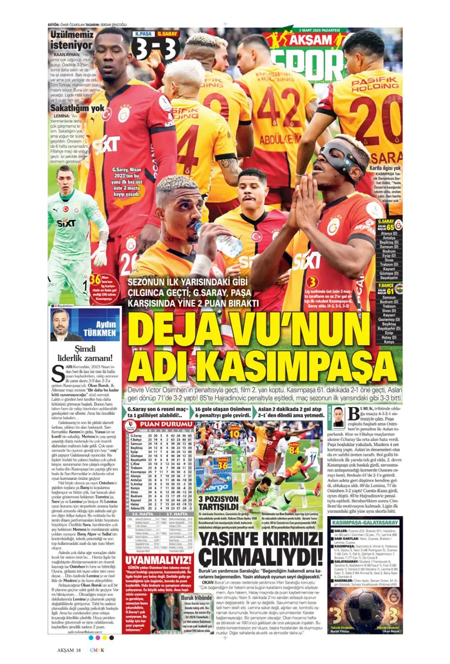 "Zirvede fark eriyor" (3 Mart 2025 spor manşetleri) 1