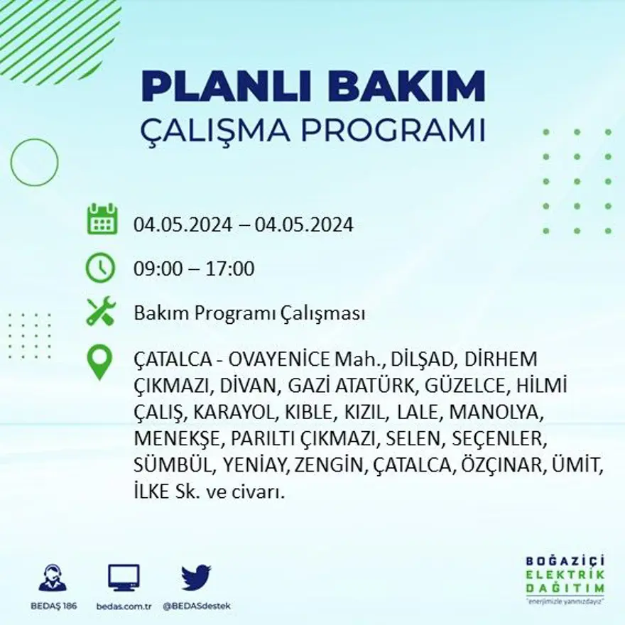 İstanbul'un 17 ilçesinde elektrik kesintisi: Elektrikler ne zaman gelecek? (4 Mayıs tarihli BEDAŞ kesinti programı) 11 İstanbul'un 17 ilçesinde elektrik kesintisi: Elektrikler ne zaman gelecek? (4 Mayıs tarihli BEDAŞ kesinti programı) 11
