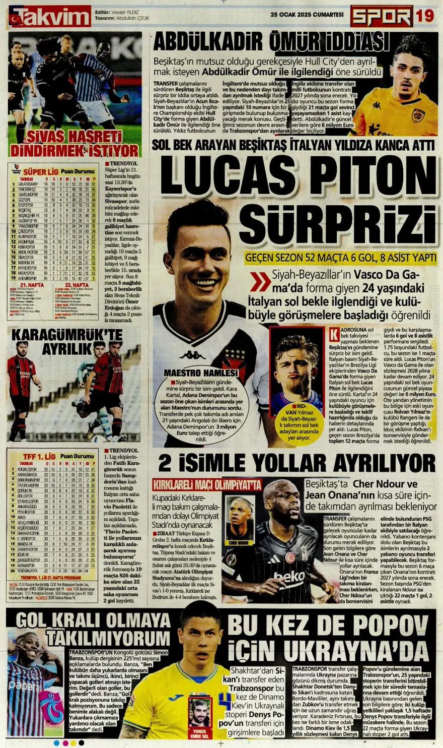 "Aslan'dan Talisca atağı" (25 Ocak 2025 spor manşetleri) 2