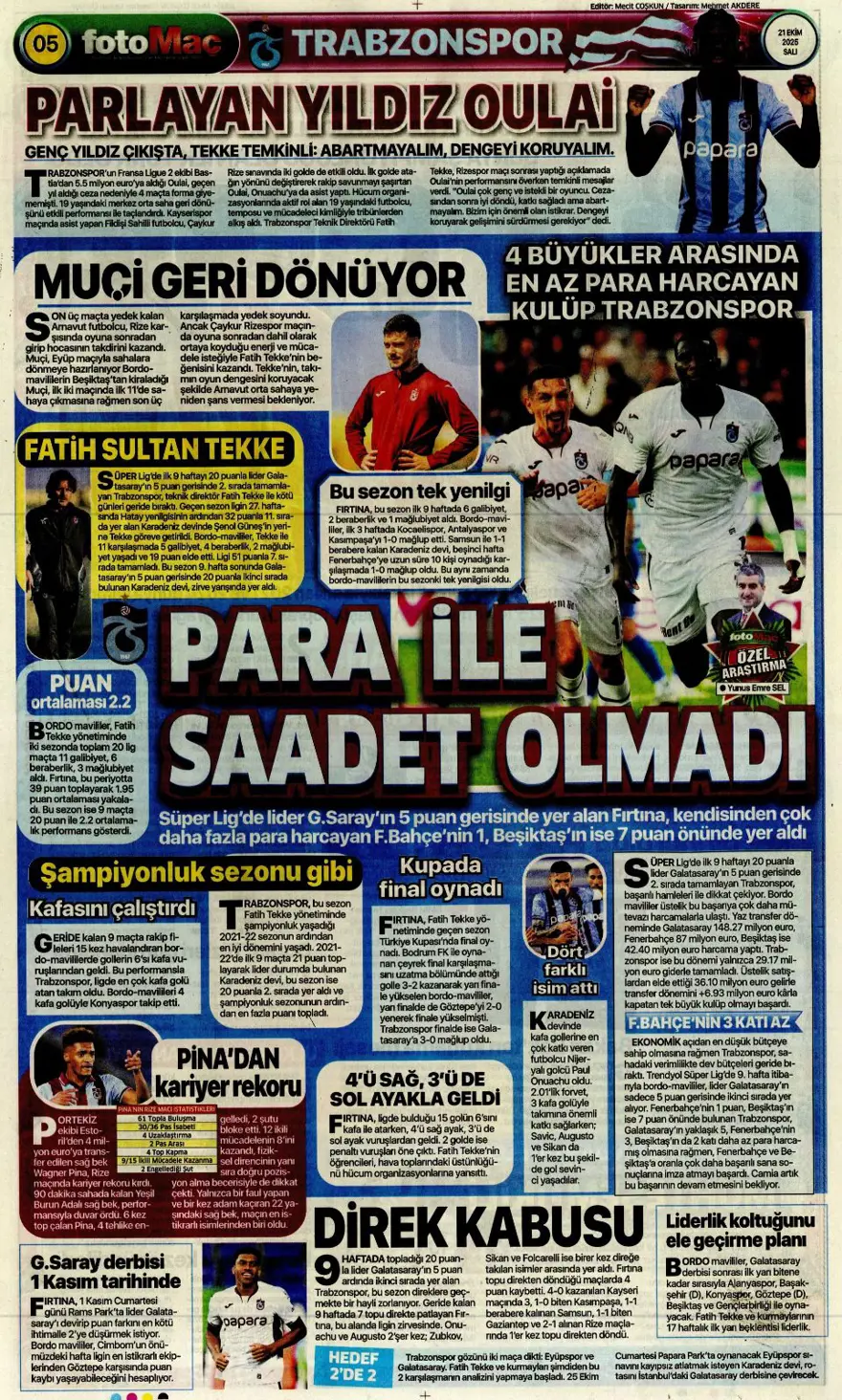"Fenerbahçe'nin kader virajı" (21 Ekim 2025 spor manşetleri) 9