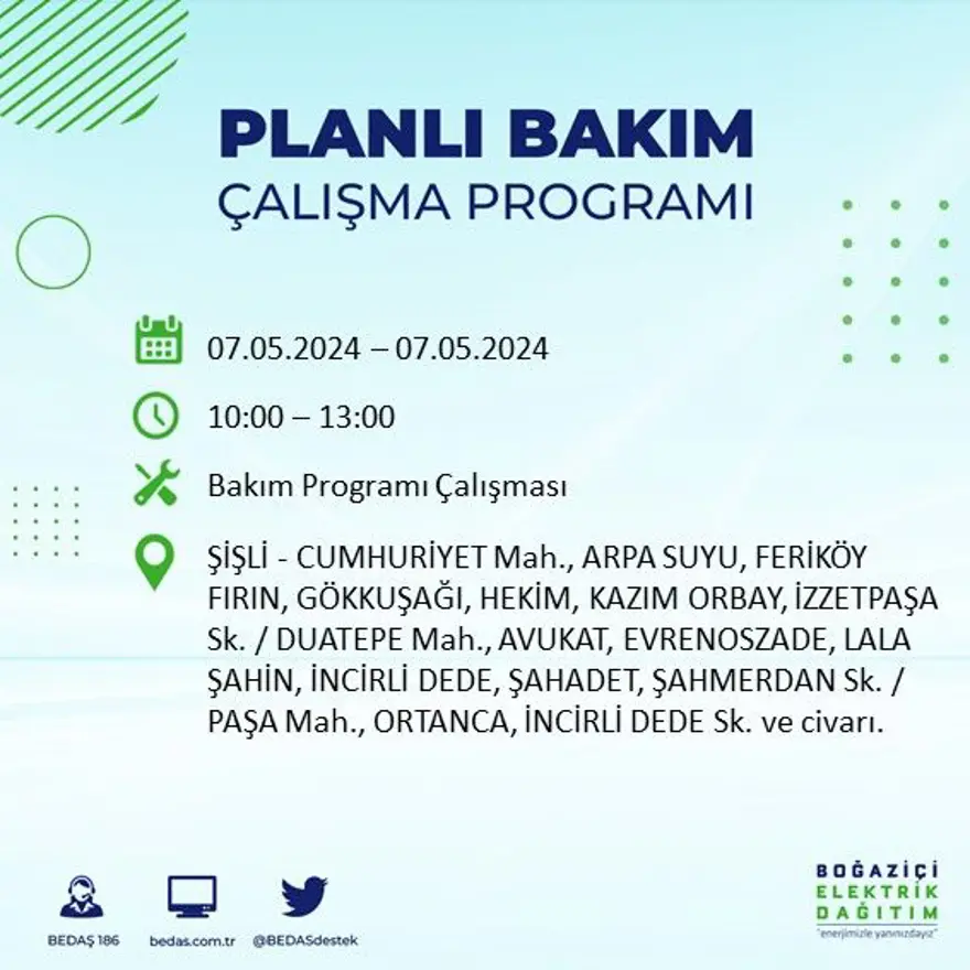 İstanbul'un 23 ilçesinde elektrik kesintisi: Elektrikler ne zaman gelecek? (7 Mayıs tarihli BEDAŞ kesinti programı) 65 İstanbul'un 23 ilçesinde elektrik kesintisi: Elektrikler ne zaman gelecek? (7 Mayıs tarihli BEDAŞ kesinti programı) 65