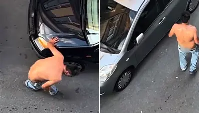 Eline satır alan yarı çıplak şüpheli araçlara zarar verdi