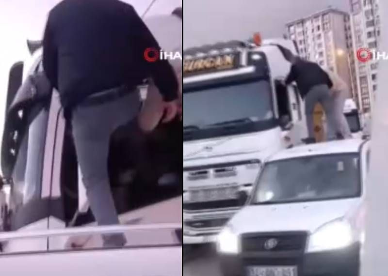 TIR şoförünü arabanın üzerine çıkıp dövdüler