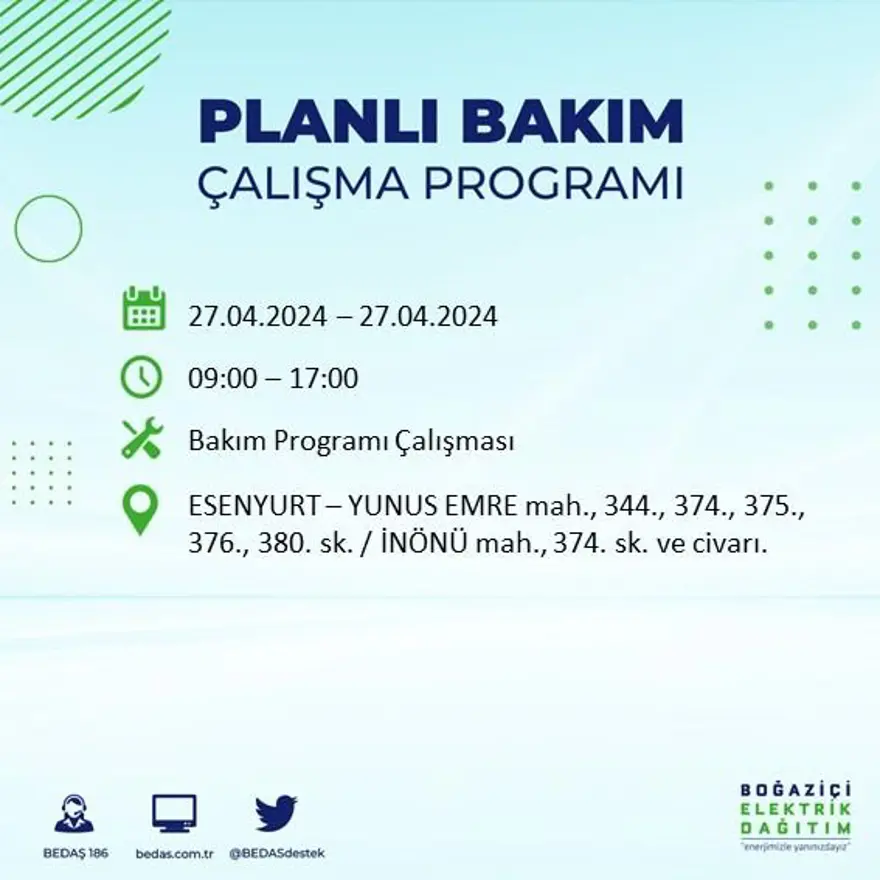 İstanbul'un 20 ilçesinde elektrik kesintisi: Elektrikler ne zaman gelecek? (27 Nisan tarihli BEDAŞ kesinti programı) 30 İstanbul'un 20 ilçesinde elektrik kesintisi: Elektrikler ne zaman gelecek? (27 Nisan tarihli BEDAŞ kesinti programı) 30