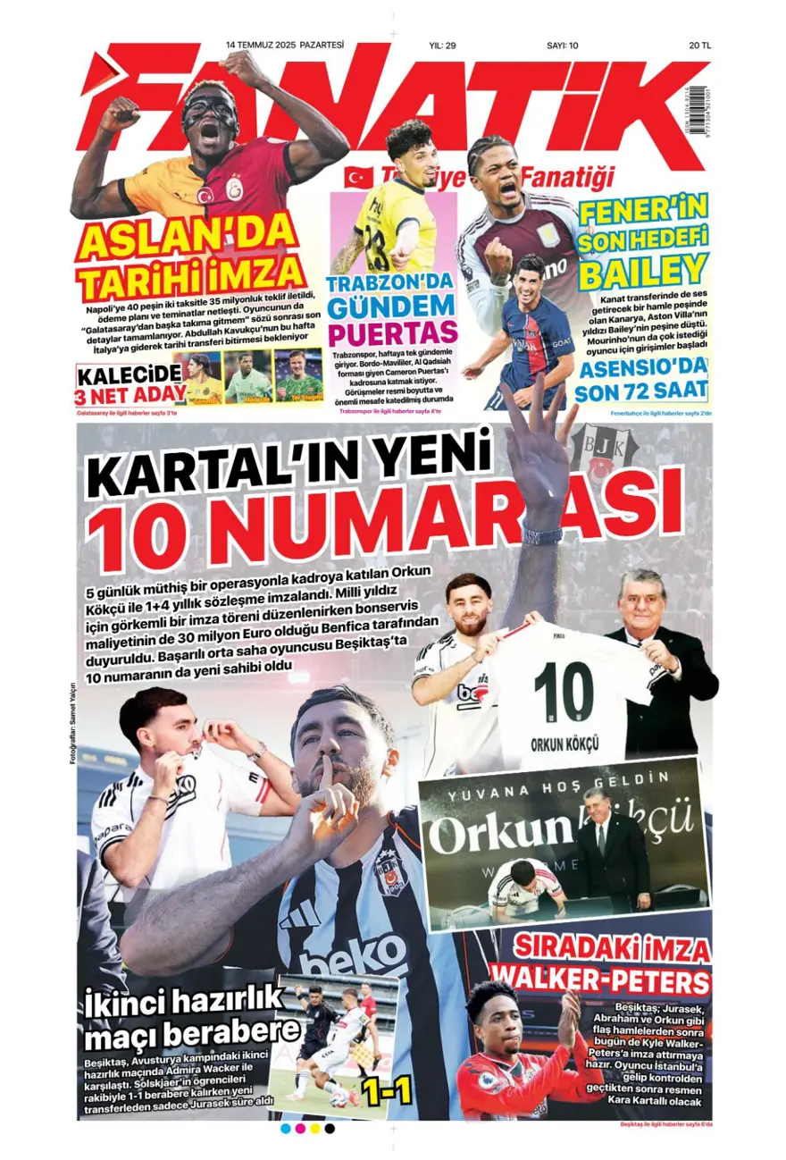 "Pasta Asensio, çilek Bissouma" (14 Temmuz 2025 spor manşetleri) 