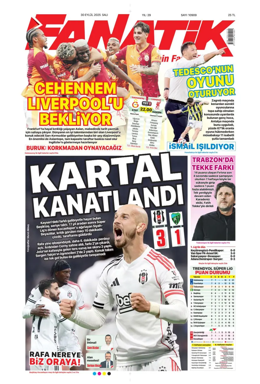 "Cehennem Liverpool'u bekliyor" (30 Eylül 2025 spor manşetleri) 3