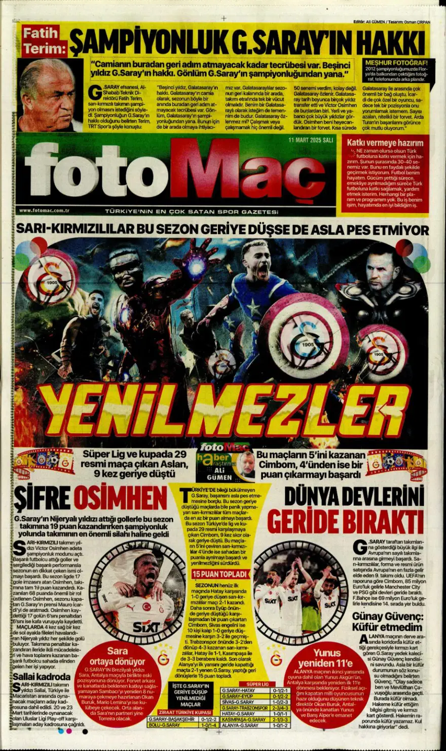 "Fener gözü kararttı" (11 Mart 2025 spor manşetleri) 11 "Fener gözü kararttı" (11 Mart 2025 spor manşetleri) 11